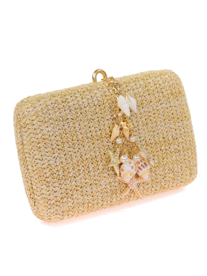 Bolso clutch de fiesta efecto rafia conchas camel