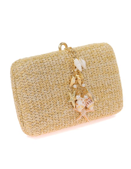 Bolso clutch de fiesta efecto rafia conchas camel