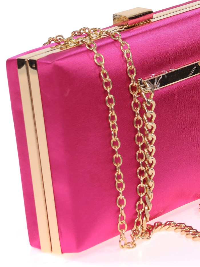 Bolso clutch de fiesta raso cadenas fucsia