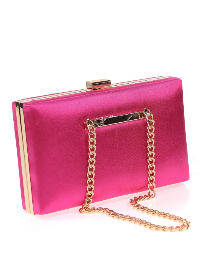 Bolso clutch de fiesta raso cadenas fucsia