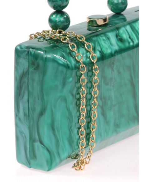 Bolso clutch de fiesta nácar detalle asa verde