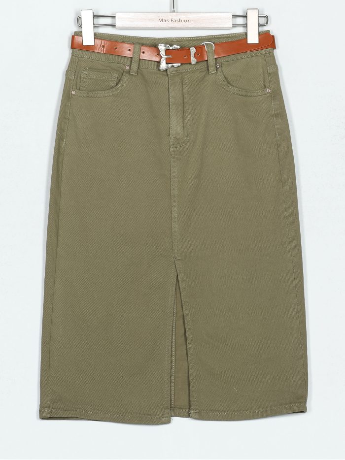 Midi-Denimrock mit Militärgrüngürtel (36-46)