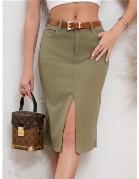 Falda denim midi cinturón verde-militar (36-46)