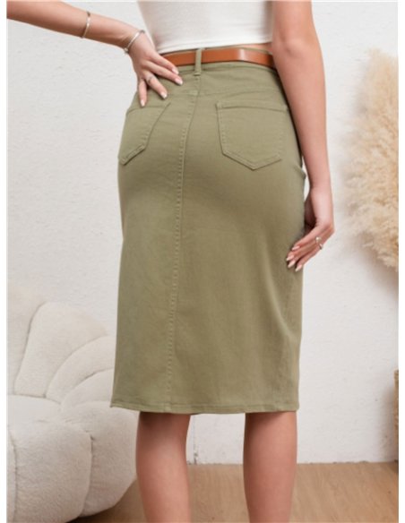 Falda denim midi cinturón verde-militar (36-46)