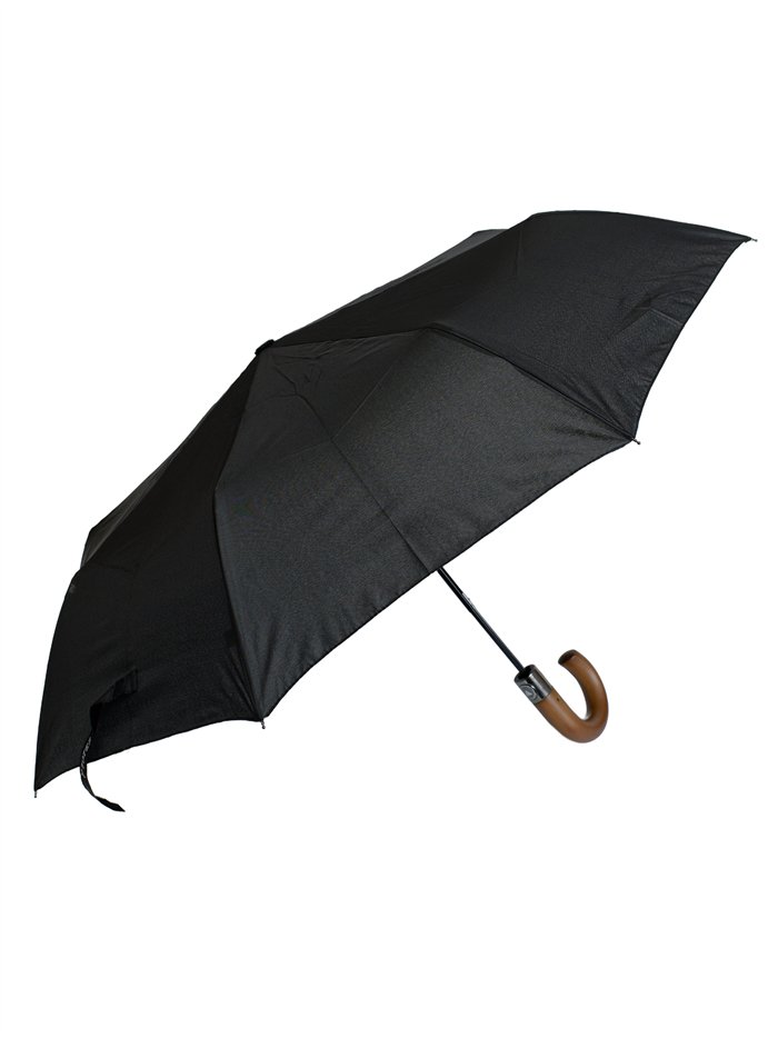 Parapluie pliable noir avec poignée en bois automatique anti-vent.