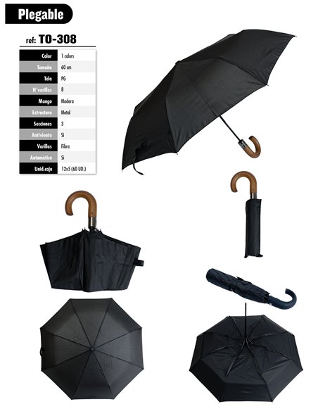 Paraguas plegable negro mango madera automático antiviento