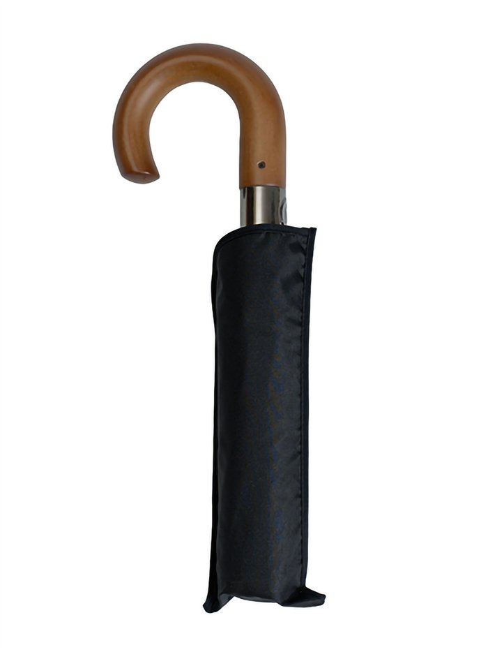 Parapluie pliable noir avec poignée en bois automatique anti-vent.