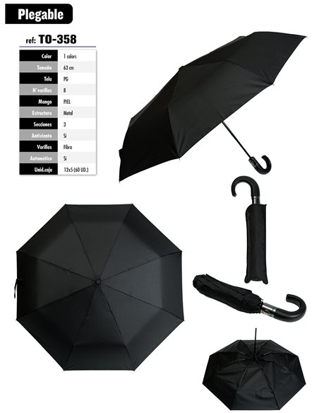 Paraguas plegable negro mango piel automático antiviento