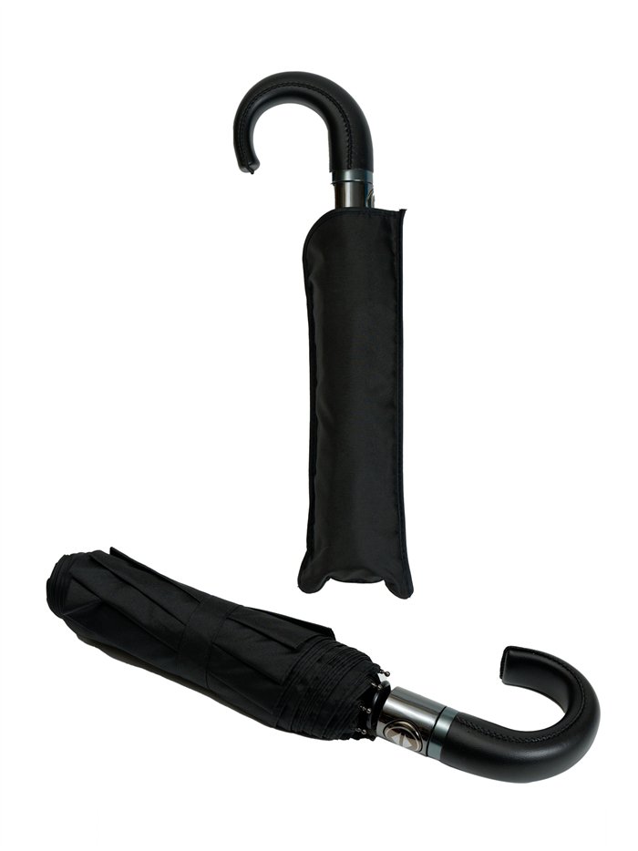 Paraguas plegable negro mango piel automático antiviento