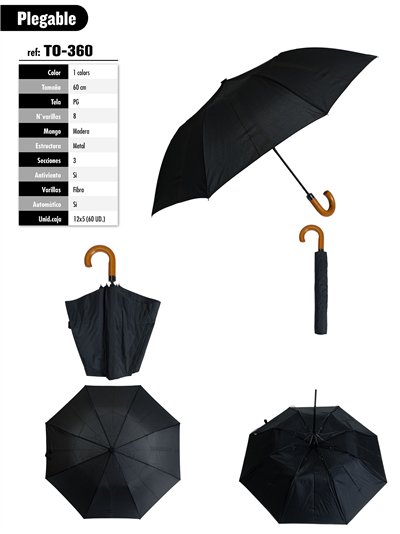 Paraguas plegable negro mango madera automático antiviento