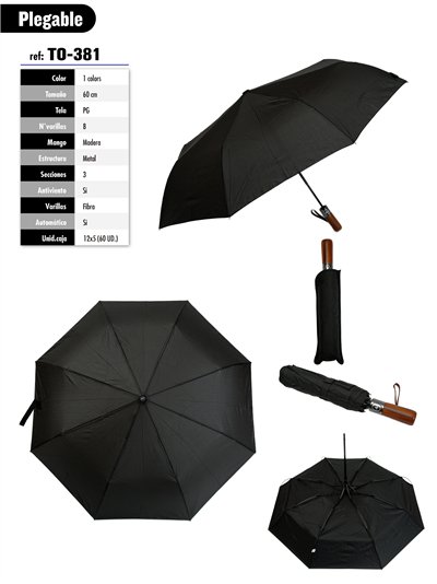 Paraguas plegable negro mango madera automático antiviento