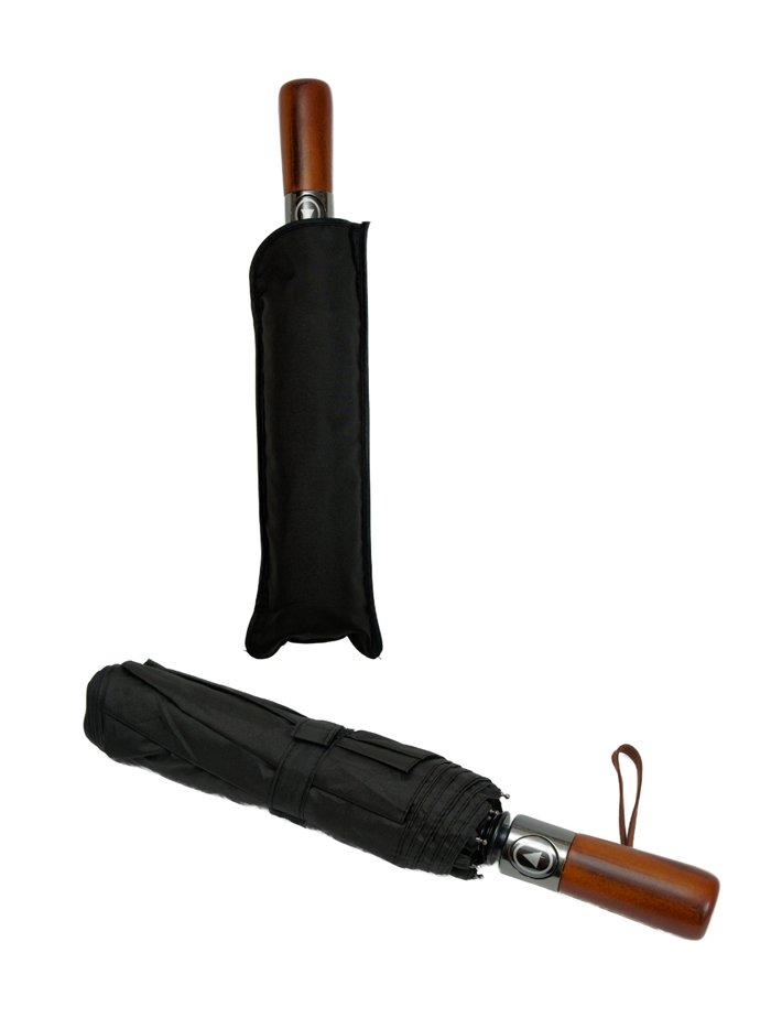 Paraguas plegable negro mango madera automático antiviento