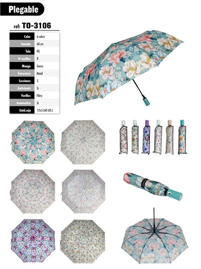 Paraguas plegable floral automático antiviento