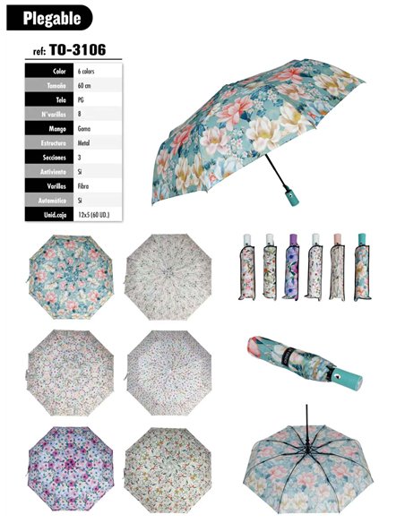 Paraguas plegable floral automático antiviento