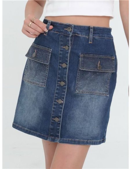 Short falda denim bolsillo strass azul (S-XXL)