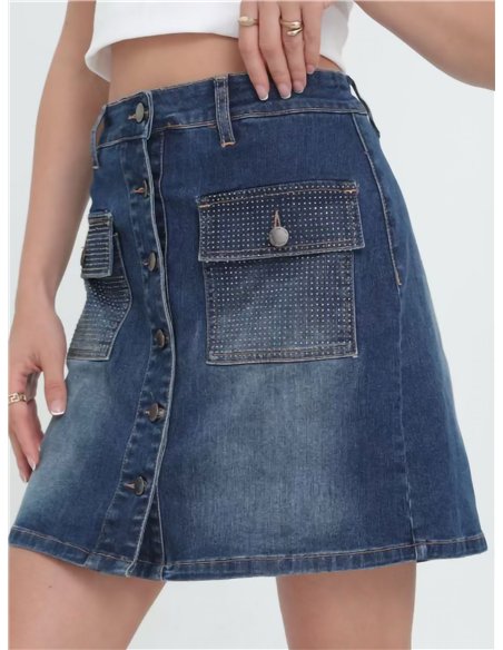 Short falda denim bolsillo strass azul (S-XXL)