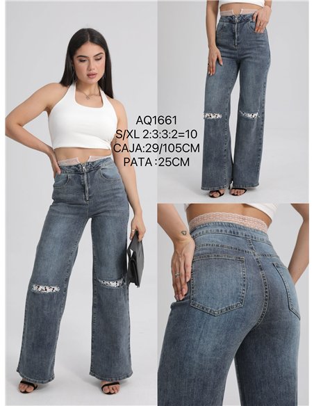 Jeans rectos rotos encaje
