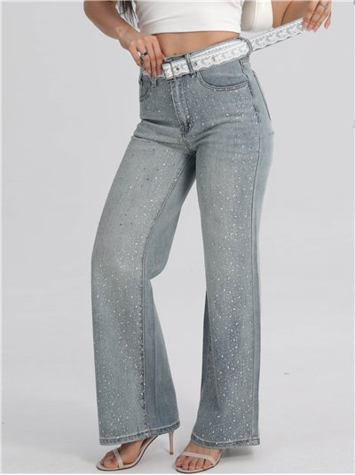Jeans rectos strass cinturón encaje