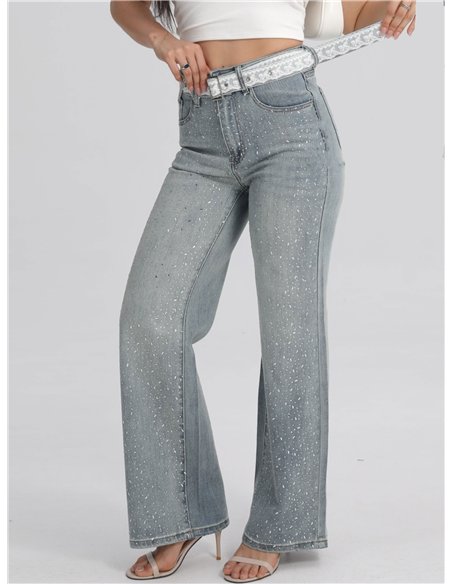 Jeans rectos strass cinturón encaje