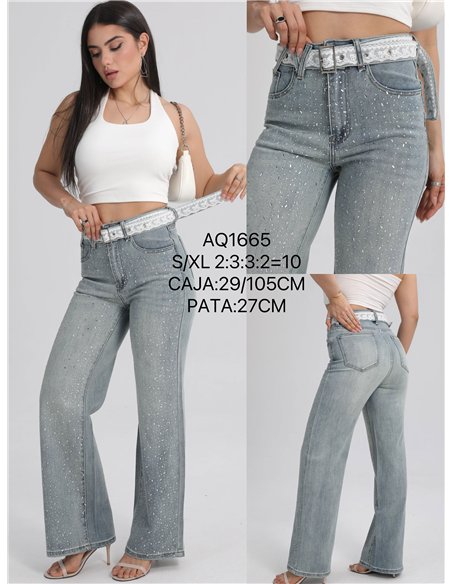 Jeans rectos strass cinturón encaje