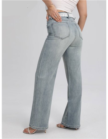 Jeans rectos strass cinturón encaje