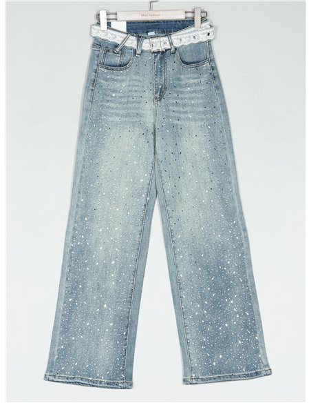 Jeans rectos strass cinturón encaje