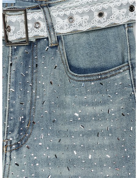 Jeans rectos strass cinturón encaje