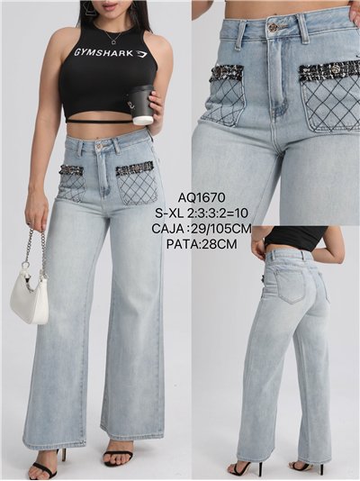 Jeans rectos bolsillos tweed 2