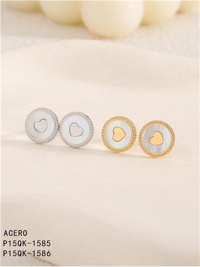 Pendientes redondos corazón de Nácar - Acero inoxidable