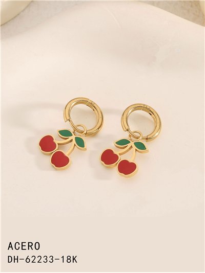 Pendientes aros colgantes con cerezas esmaltados - Acero inoxidable