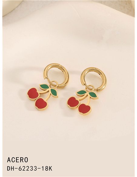 Pendientes aros colgantes con cerezas esmaltados - Acero inoxidable