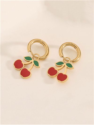 Pendientes aros colgantes con cerezas esmaltados - Acero inoxidable 2