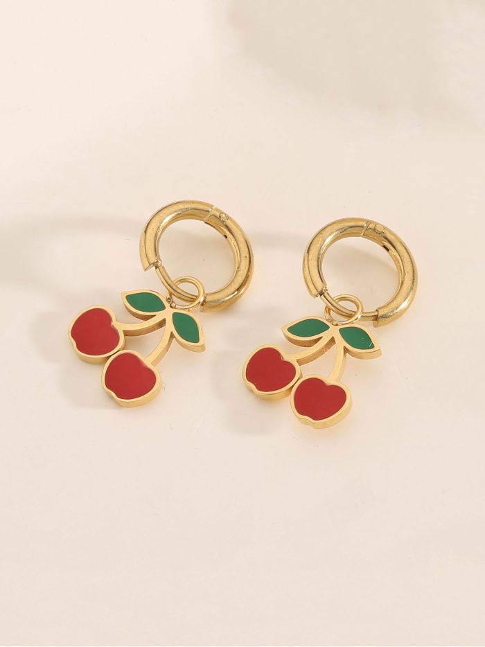 Pendientes aros colgantes con cerezas esmaltados - Acero inoxidable