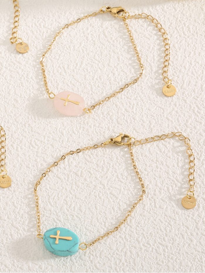 Pulsera cruz de resina ovalada con efecto piedra - Acero inoxidable