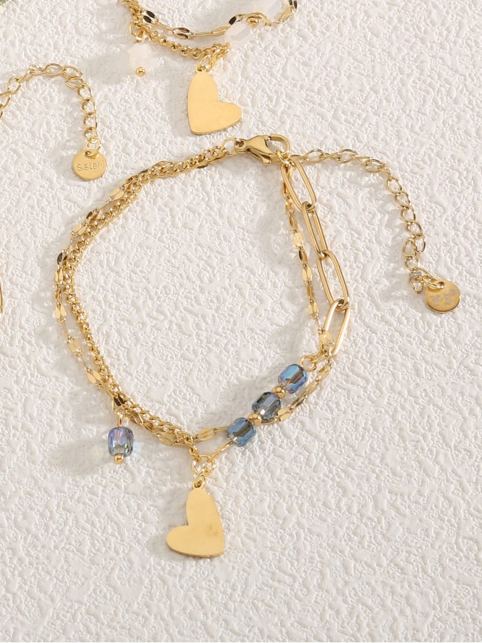 Bracciale doppio con perline in resina e ciondolo a cuore - Acciaio inossidabile