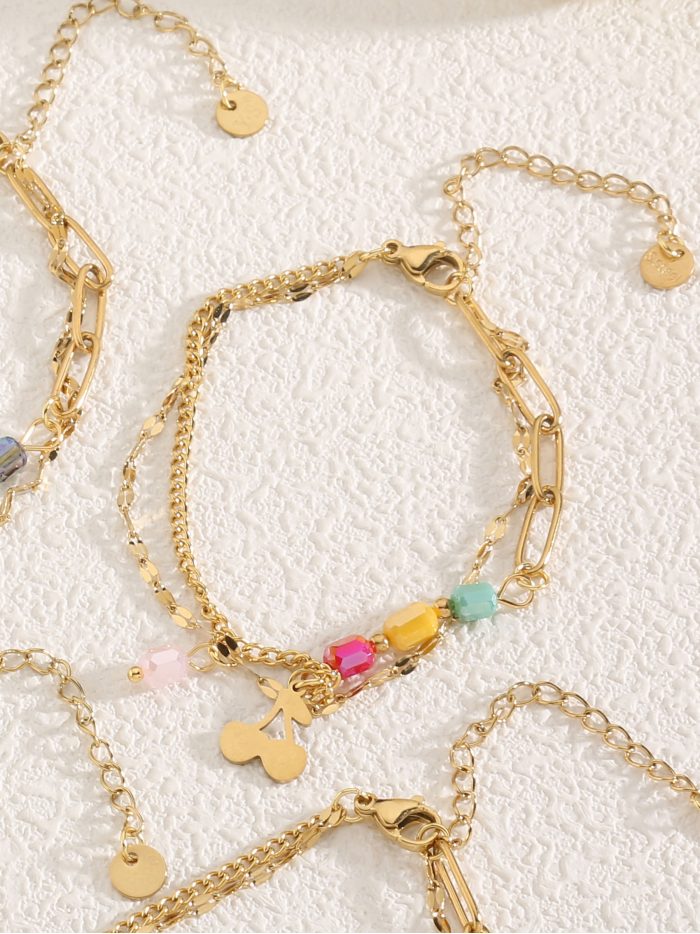 Pulsera doble abalorios de resina charm cerezas - Acero inoxidable