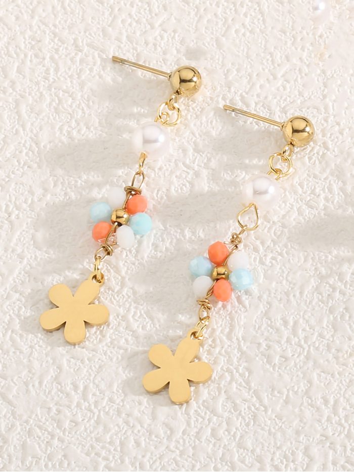 Brincos compridos flores com pérolas - Aço inoxidável