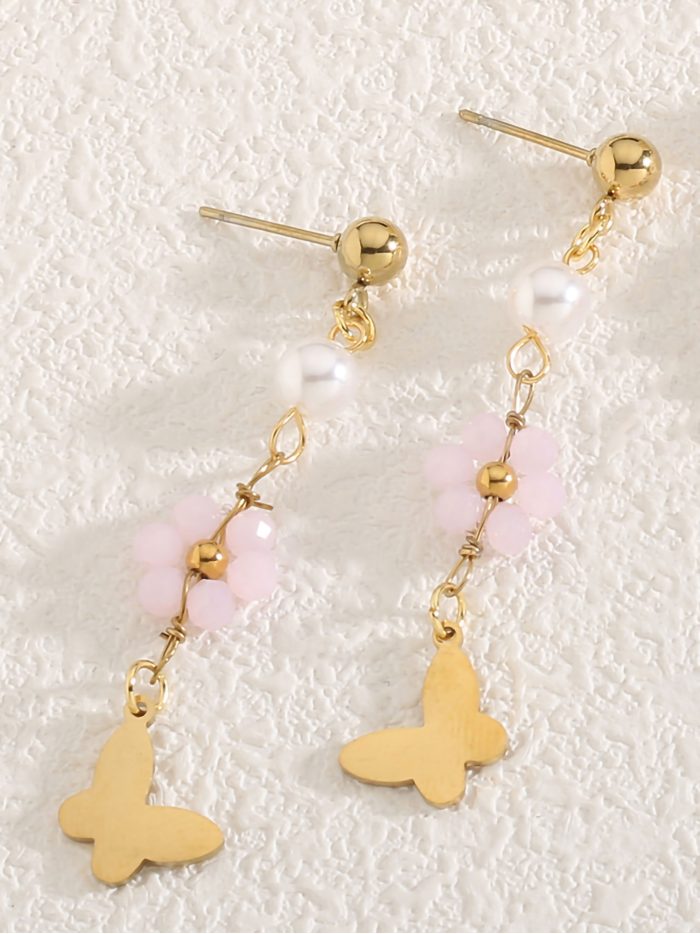 Boucles d'oreilles longues fleurs avec papillons et perles - Acier inoxydable