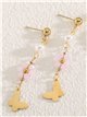 Pendientes largos flores con mariposas y perlas - Acero inoxidable