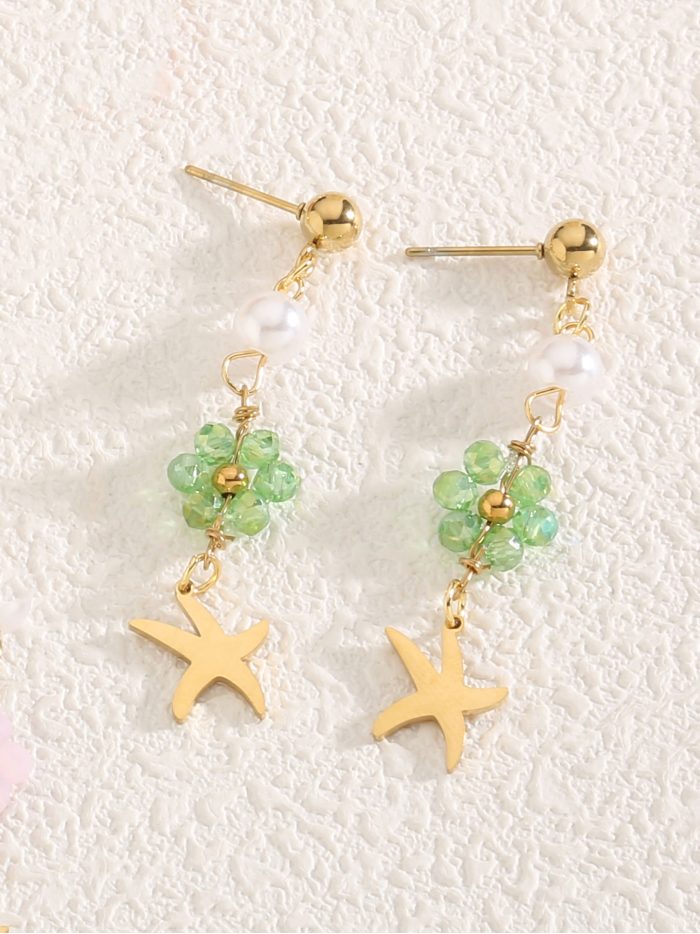 Pendientes largos flores con estrellas de mar y perlas - Acero inoxidable