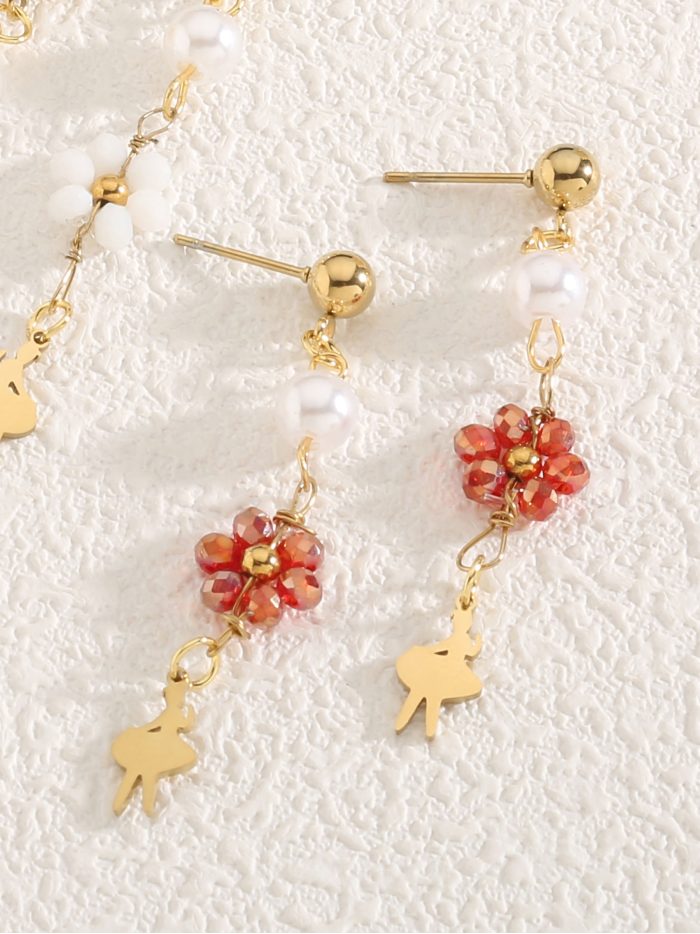 Pendientes largos flores con bailarinas de mar y perlas - Acero inoxidable