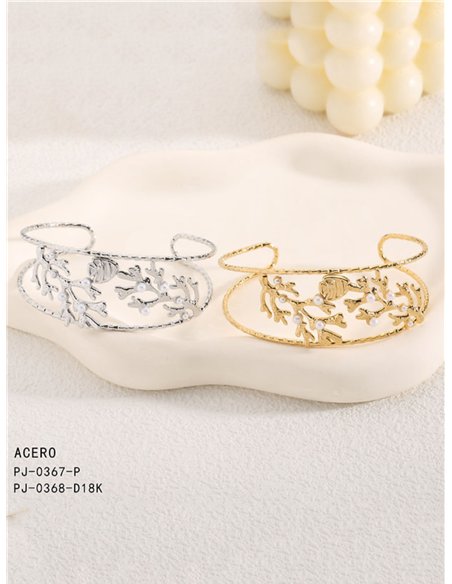 Brazalete abierta rígida bajo el mar perlas - Acero inoxidable