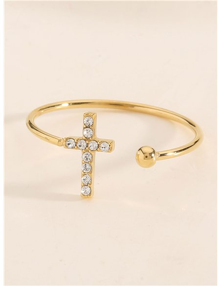 Anillo abierto cruz con circonitas - Acero inoxidable