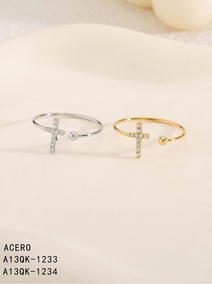 Anillo abierto cruz con circonitas - Acero inoxidable