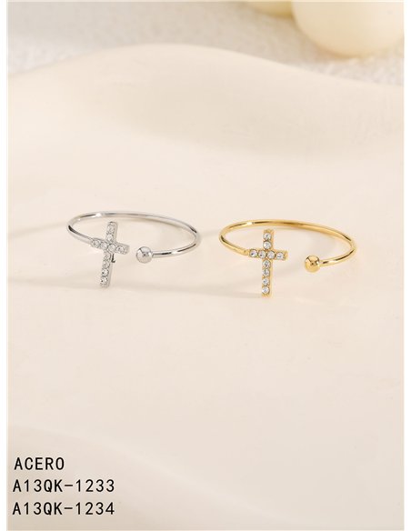 Anillo abierto cruz con circonitas - Acero inoxidable