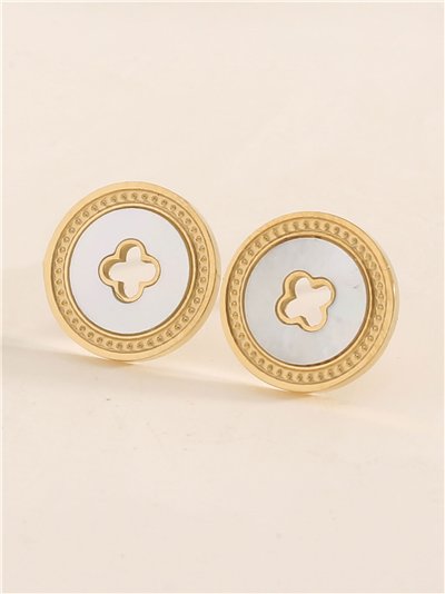 Pendientes redondos trébol de Nácar - Acero inoxidable 2