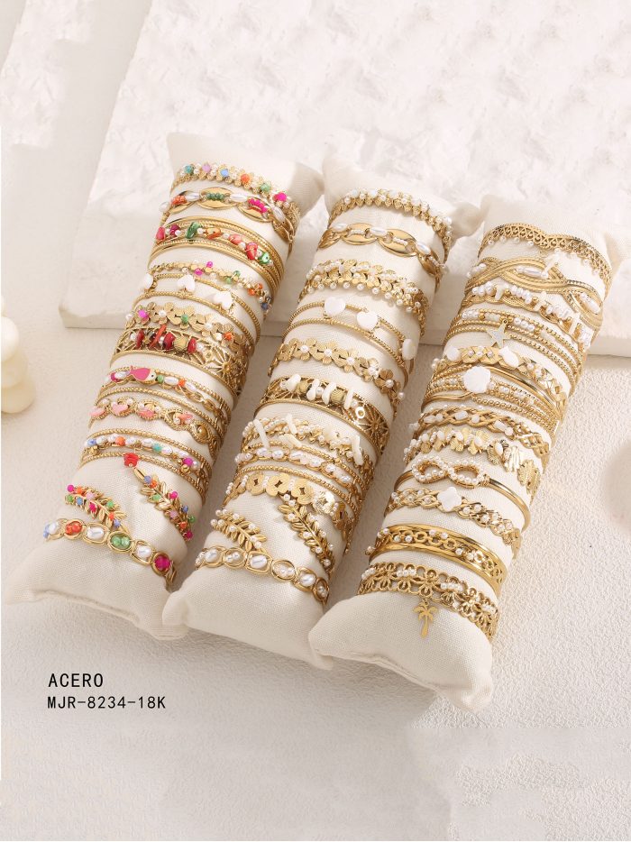 Conjunto de 12 pulseras con perlas - Acero inoxidable