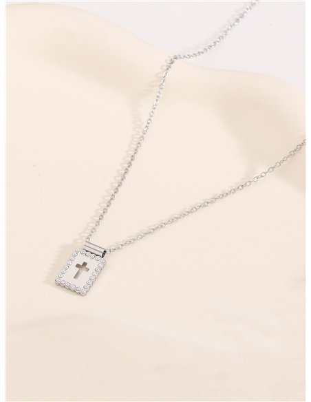 Collar cadena cruz detalle perlas - Acero inoxidable