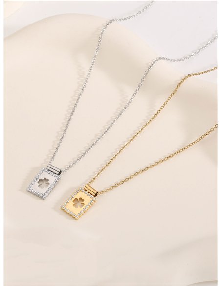 Collar cadena trébol detalle perlas - Acero inoxidable