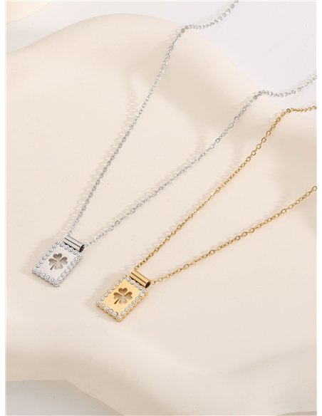 Collar cadena trébol detalle perlas - Acero inoxidable